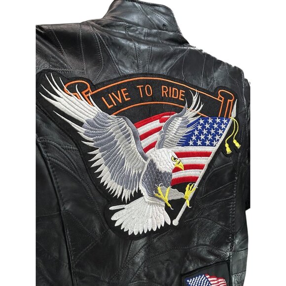 DIAMOND PLATE Buffalo Genuine Leather Biker Jacket Mens M Customized Patches - Picture 2 of 9